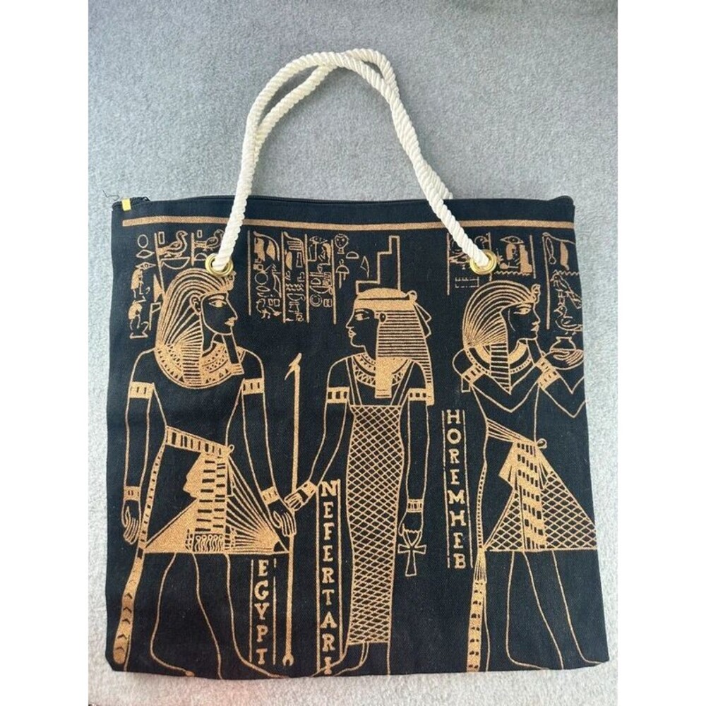 Egyptian Canvas Tote Bag Rope Handles Zipper Closure Hieroglyphics